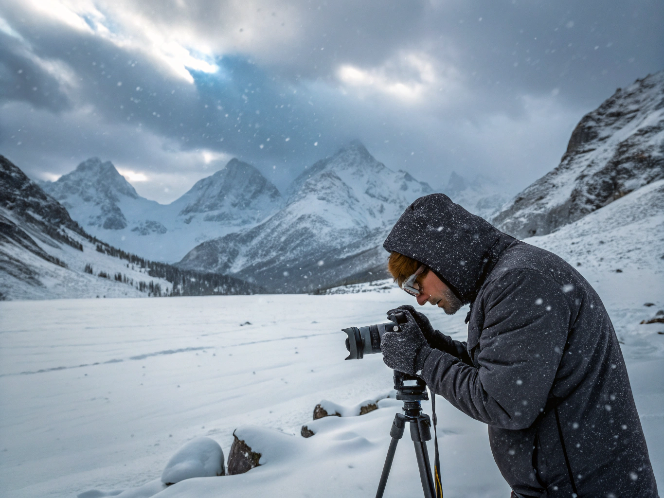 Photographer setting up tripod on a glacial mountain ridge