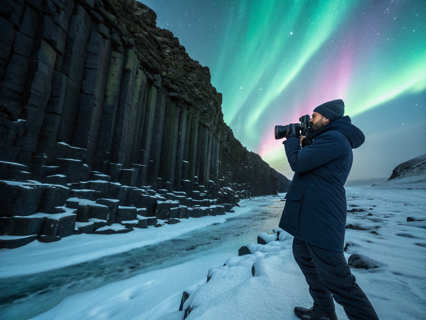Photographer framing glacial crevasses in Iceland
