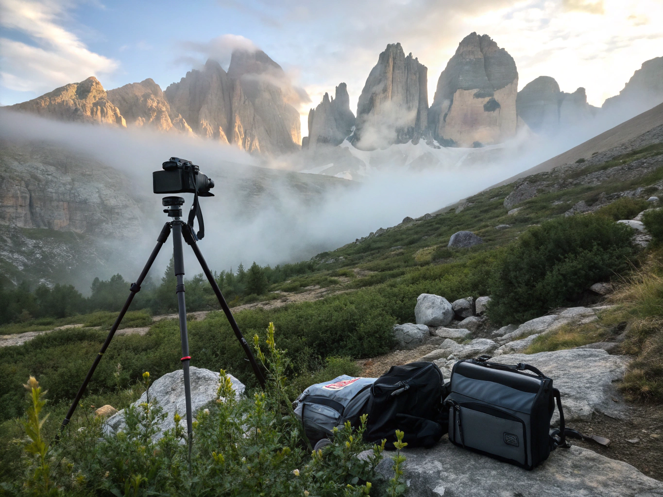 Camera mounted on carbon tripod facing steep fjord wall