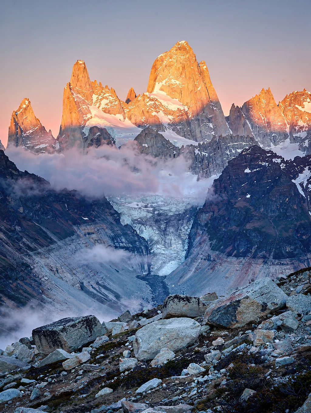 Fitz Roy mountain peak at sunrise