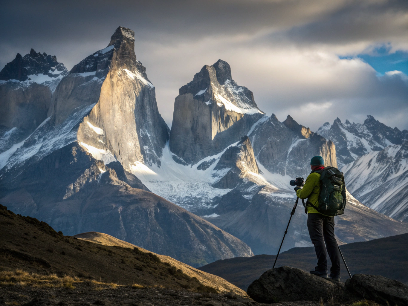 Photographer in sub-zero alpine gear observing windblown mountain pinnacle