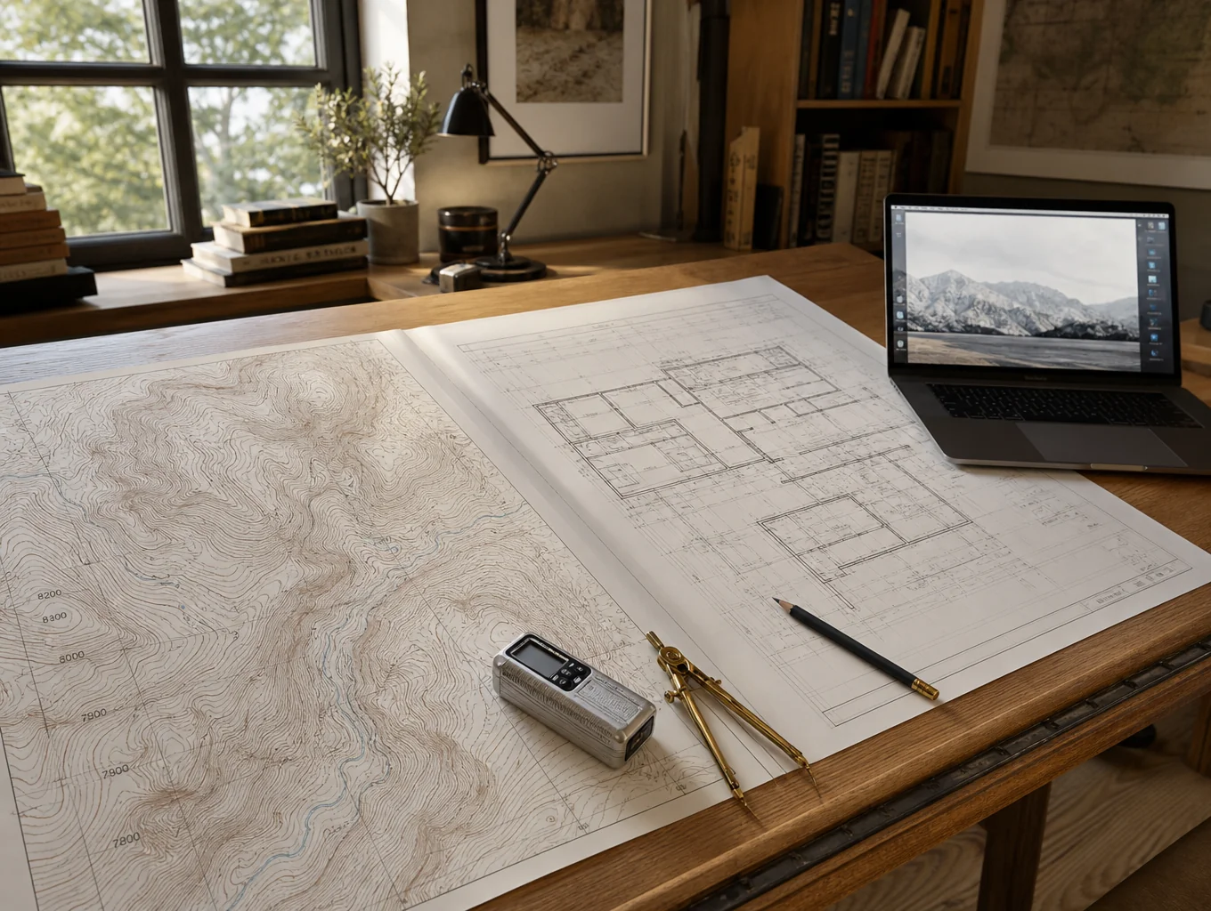 Topographic maps and compass on a wooden table